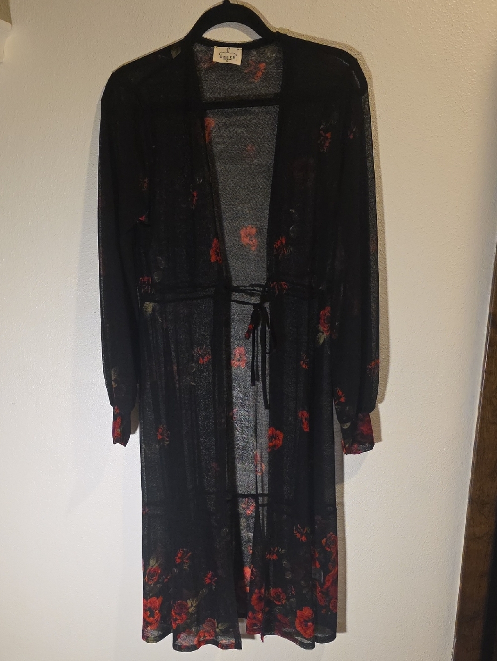 Ember Sheer Mesh Duster With Floral Print And Front Tie